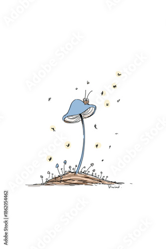 Whimsical Illustration of a Character Under a Blue Mushroom