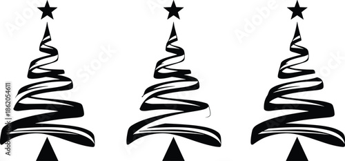 Three black and white Christmas trees with stars on