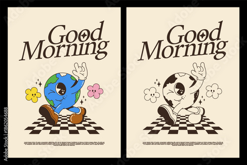Groovy planet character poster with retro “Good Morning” text. Vintage cartoon style with stars and checkerboard floor. Includes clean and outline versions, Vintage prints