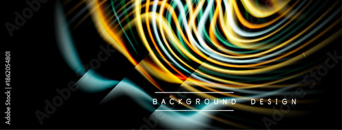 Abstract flowing lines create dynamic visual effect. Bright colors contrast dark background. Modern design elements present sleek aesthetic.