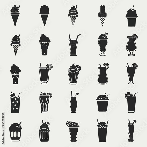 Collection of black and white icons featuring various ice cream and drink designs on a light gray background vector