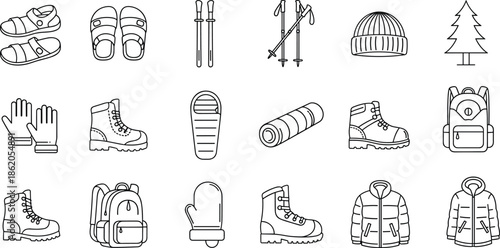 Winter clothing and gear set including boots gloves backpacks and skis