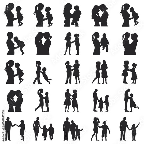 Collection of black silhouettes of people and children on white background vector