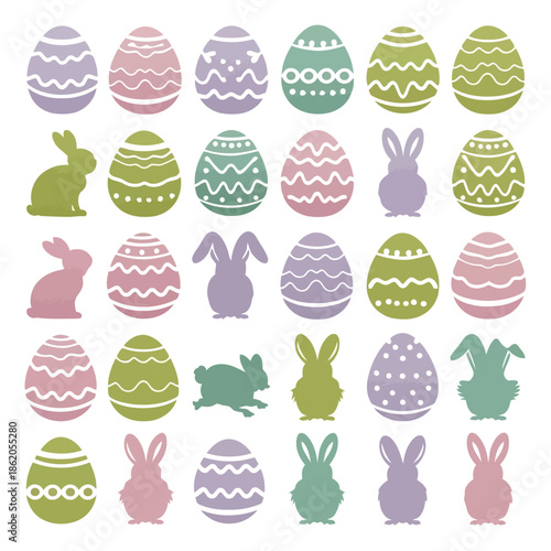 Easter eggs and bunnies in pastel colors on a white background with various patterns and designs visible clearly