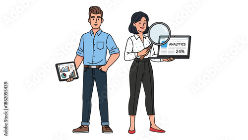 Man and woman standing together holding various computer screens and magnifying glass