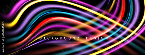 Abstract colorful waves flow across black background. Dynamic lines create modern design element. Bright hues suggest energy, movement.
