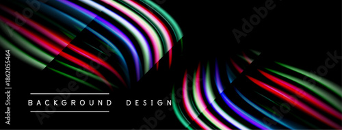 Abstract colorful lines form dynamic shapes against black backdrop. Modern design element, vibrant curves create visual interest.