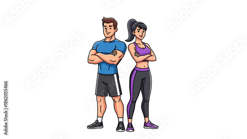 Illustration of a confident man and woman standing together in athletic attire