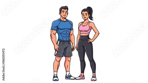 Illustration of a man and woman in athletic wear standing together