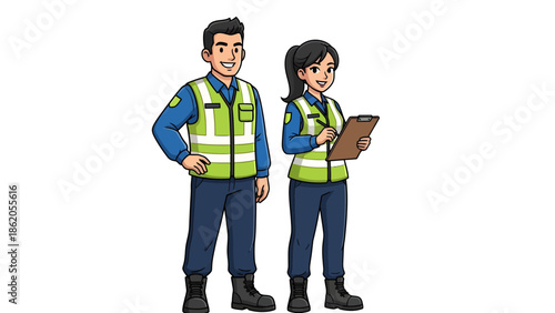 Two professionals in high-visibility vests standing together, one holding a clipboard, against a plain white background