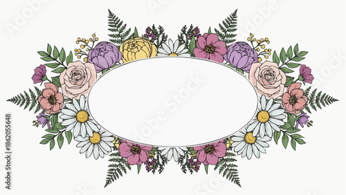 Vibrant floral wreath with colorful flowers and leaves arrangement