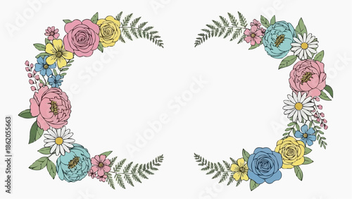 Vibrant floral wreath with colorful flowers and leaves on white background