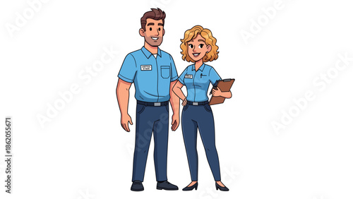 Man and woman in blue uniforms standing together with a tablet