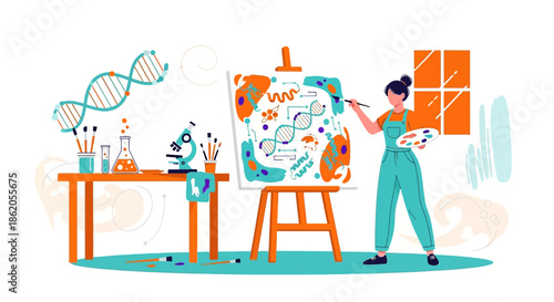 Scientist artist expressing scientific concepts through illustrative painting process