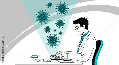Scientist analyzing viruses data on computer, developing treatments and prevention strategies for