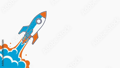 Vibrant cartoon rocket launching into the sky with orange flames