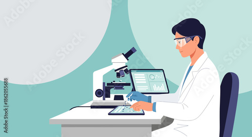 Scientist conducting research in a laboratory with a microscope and tablet display for medical