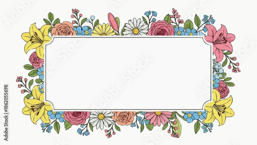 Vibrant floral frame with colorful flowers and leaves border