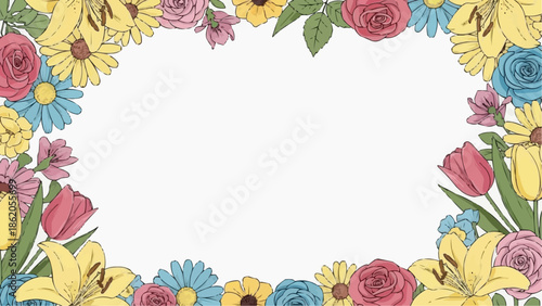 Vibrant floral border with colorful flowers on white background