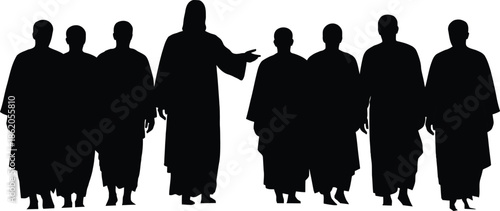 Silhouettes of seven figures in traditional attire standing together
