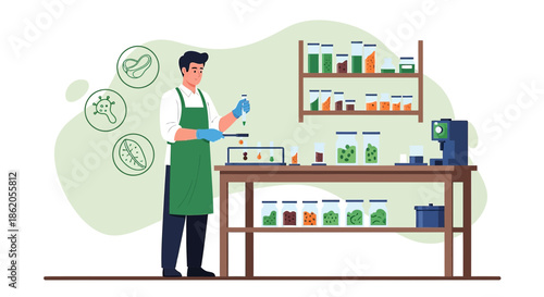 Scientist experimenting with organic materials in a clean lab with modern equipment and a