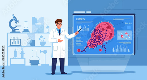 Scientist Explaining Biological Research on Interactive Screen in Laboratory Setting