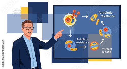 Scientist explaining antibiotic resistance, showcasing bacteria evolution and drug challenges,