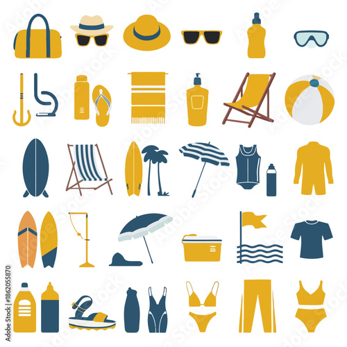 Collection of summer vacation and beach items icons in yellow and blue colors on white background