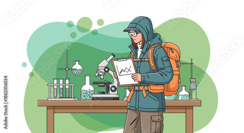 Scientist explorer analyzing data in a field laboratory with research equipment and green background