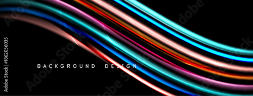 Abstract colorful lines flow across black background. Dynamic waves create modern visual effect. Bright hues offer vibrant design element.