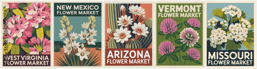 Set of different vintage style flower market posters featuring state names, mid-century botanical illustrations, and bold typography.
