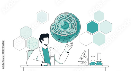 Scientist exploring cell structure and molecular diagrams in laboratory setting illustration