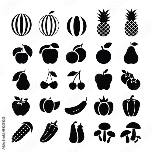 A collection of various fruit and vegetable icons in black silhouette on a white background arranged neatly