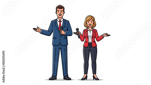 A man and woman in business attire standing with microphones in a presentation setting