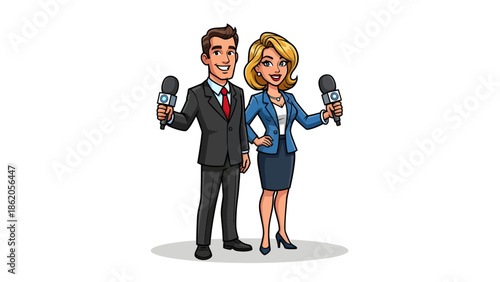 Male and female news anchors standing together holding microphones in a professional studio setting