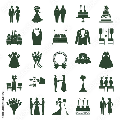 Collection of wedding related icons and symbols in green silhouette style on white background high quality