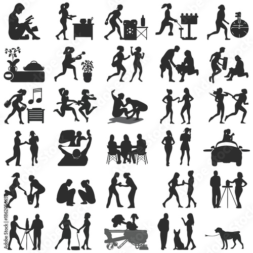 Collection of black silhouette icons depicting various everyday life and recreational activities in a grid layout