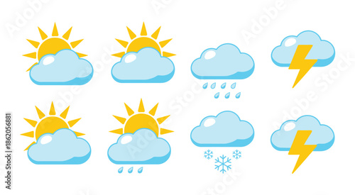 Weather Icons, Vector Illustrations of Sun, Clouds, Rain, Snow, Storm, Wind, and Temperature Symbols