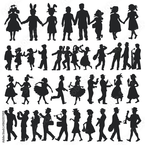 Collection of black silhouettes depicting various dancing couples and individuals in different poses and attire styles