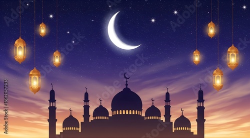 A beautiful mosque with glowing minarets and domes under the moonlit night sky in a peaceful city scene