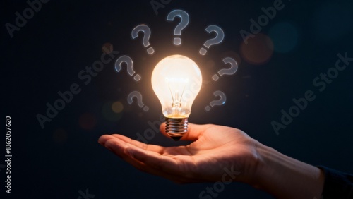 Hand holding glowing light bulb with question marks