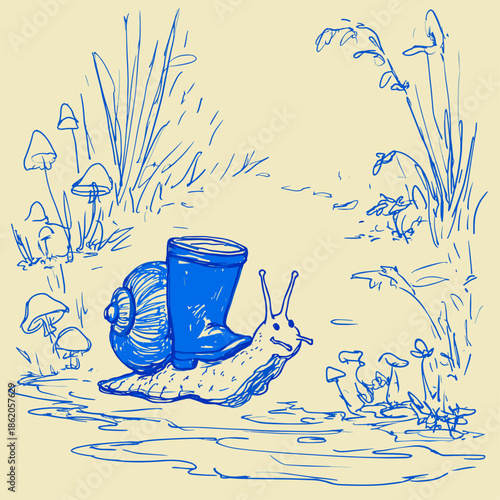 Whimsical Snail with Rain Boots in Nature
