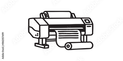 Inkjet plotter with paper solid icon, architect studio concept. Vector graphics. Photo placard, banner, poster printer sign on white background, style mobile or design