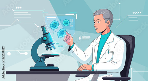 Scientist in futuristic laboratory analyzing virus data via holographic interface during research
