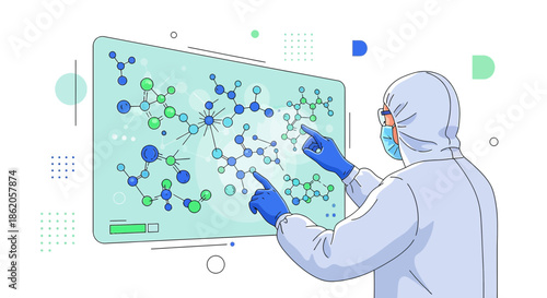 Scientist in protective suit interacting with molecular structures on a digital display interface