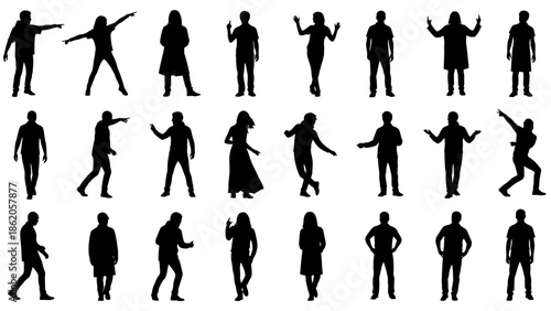 A collection of black silhouettes of people in various poses on a white background