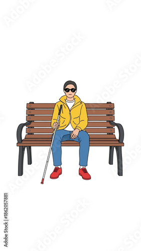 A visually impaired person sits on a bench with a white cane.
