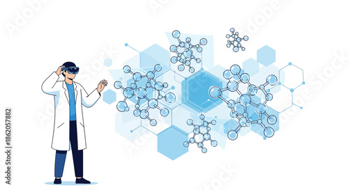 Scientist in virtual reality headset exploring complex molecular structures within a digital lab