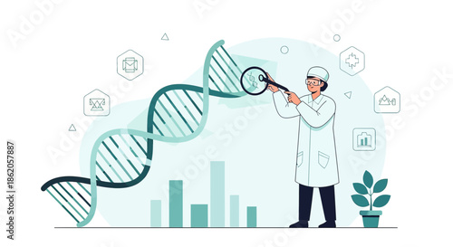 Scientist inspecting dna structure with a magnifying glass and business icons surrounding scene