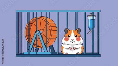 A cartoon hamster sits in a cage with a wheel and an IV drip